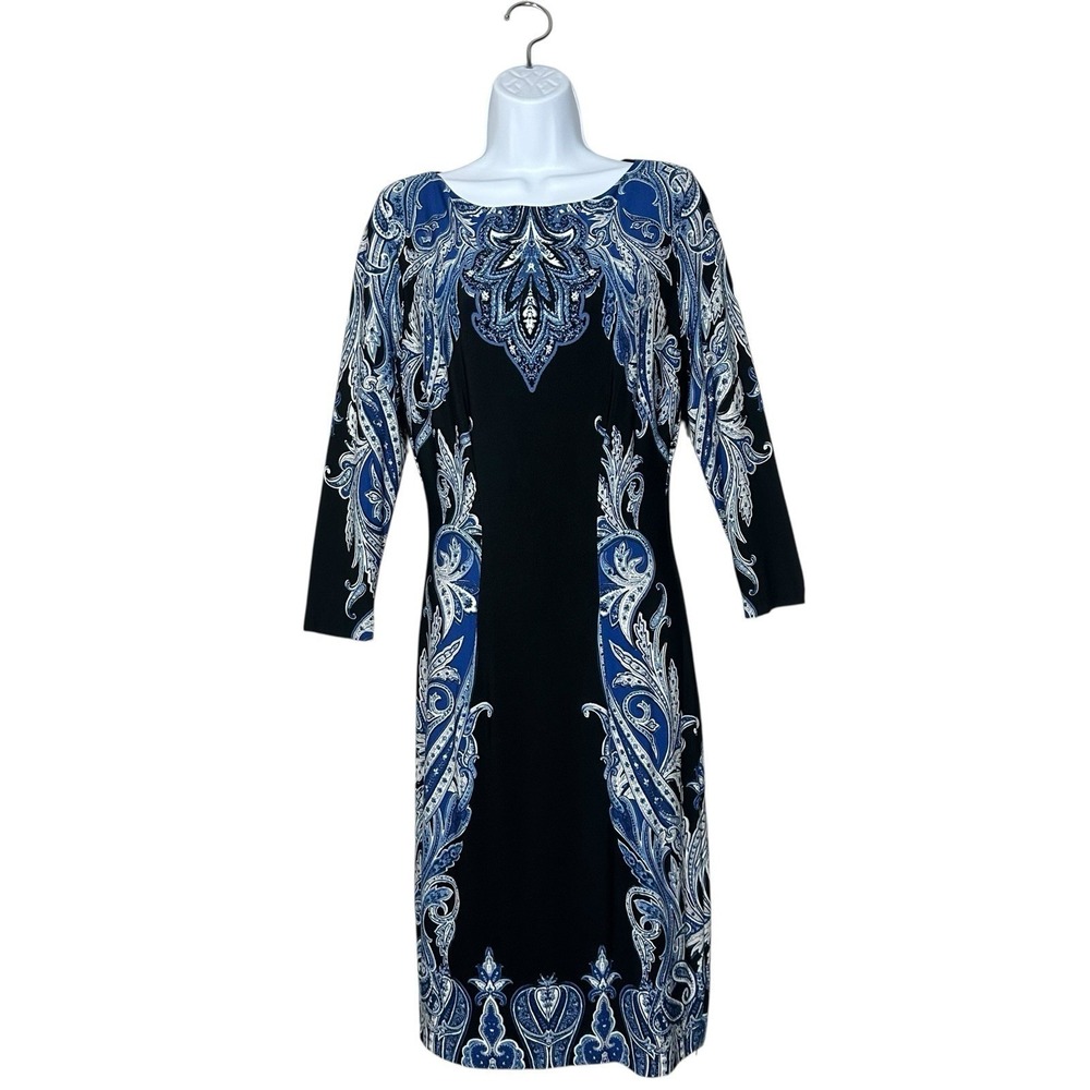 Cache Dress Womens L Blue Black Paisley Sheath Knee Length Stretch 3/4 Sleeve